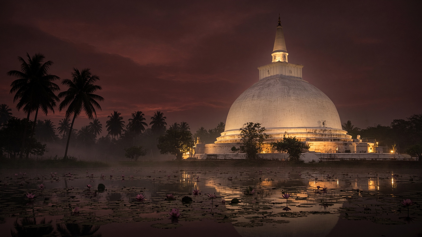 A Sri Lankan dagoba at dusk beside a lotus pond
