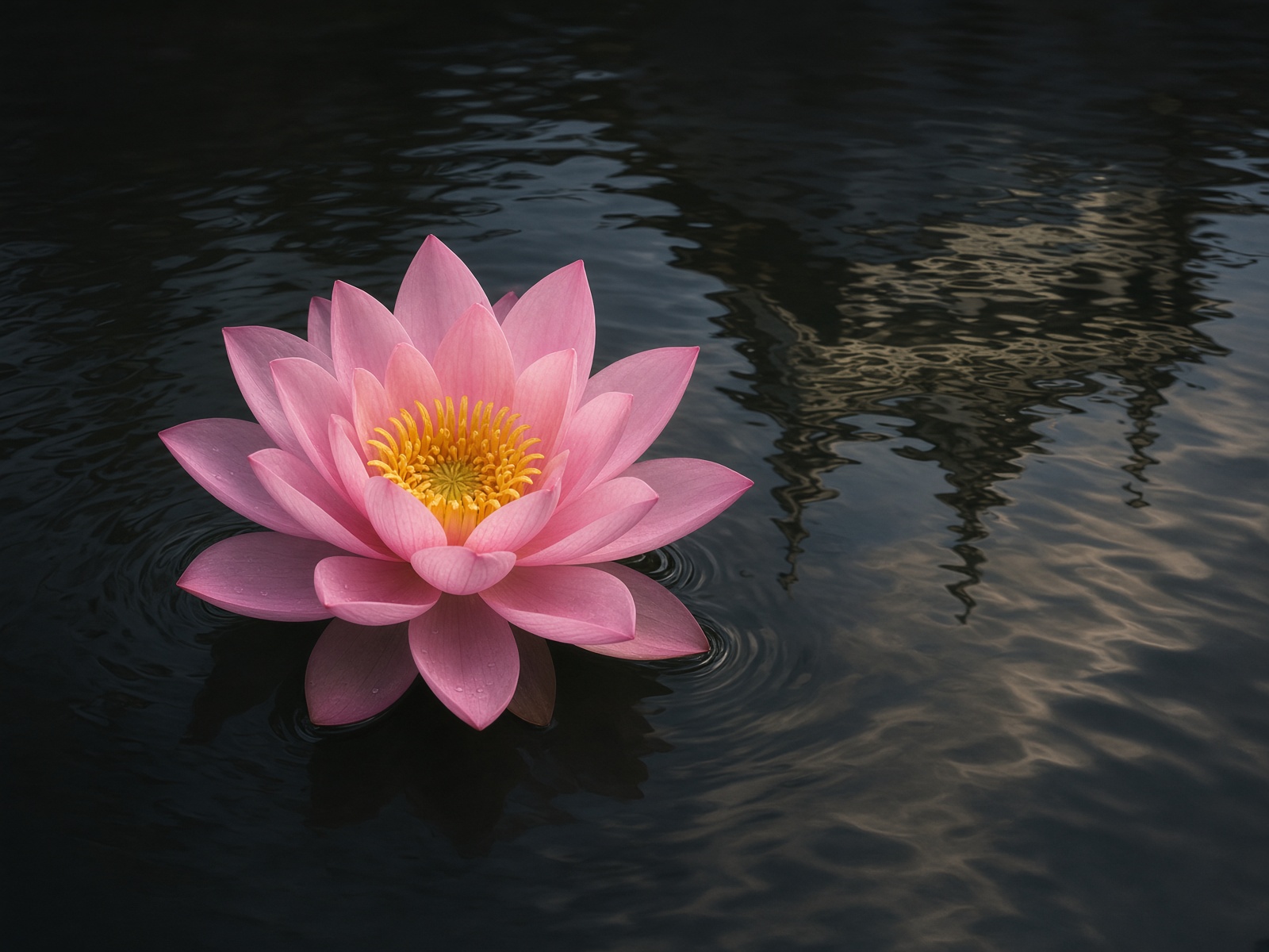 A single lotus blooming on dark water