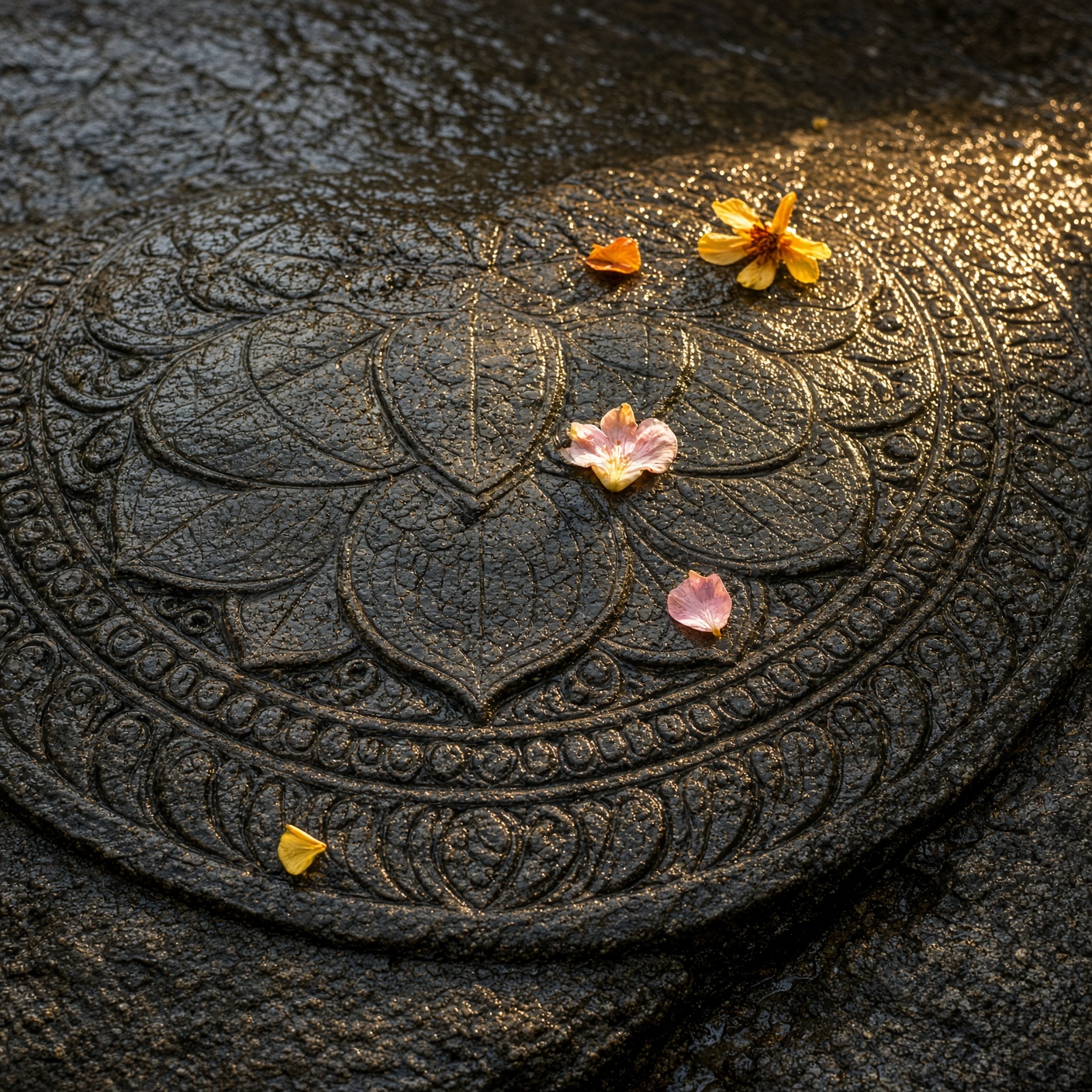Carved temple moonstone wet with rain