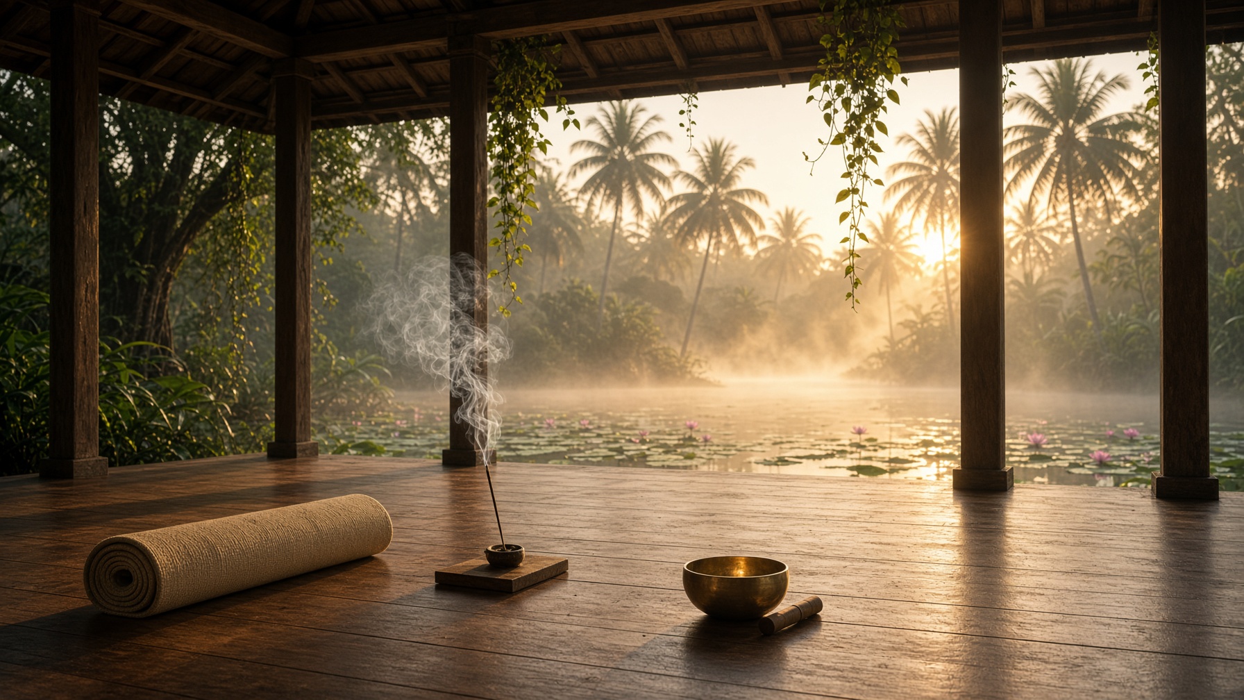 Dawn yoga shala looking onto a lotus pond