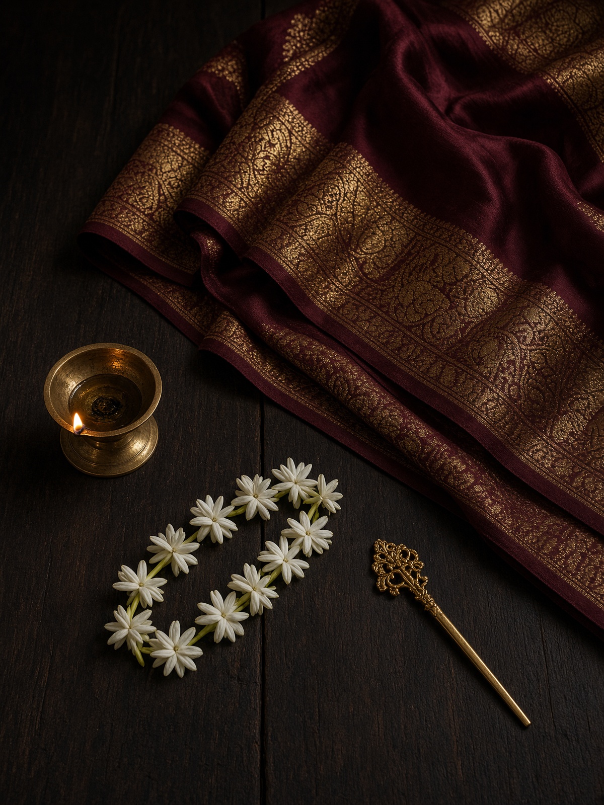 Osariya silk, jasmine, and a brass lamp